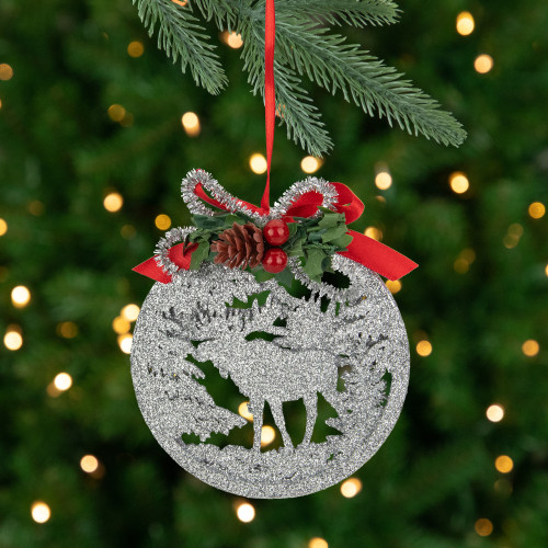 4.25" Silver Glitter Moose 2-D Cut-Out Silhouette Christmas Ornament