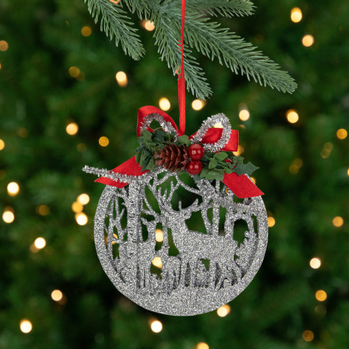 2-D Glitter Reindeer Family Silhouette Christmas Ornament Disc - 4.5" - Silver