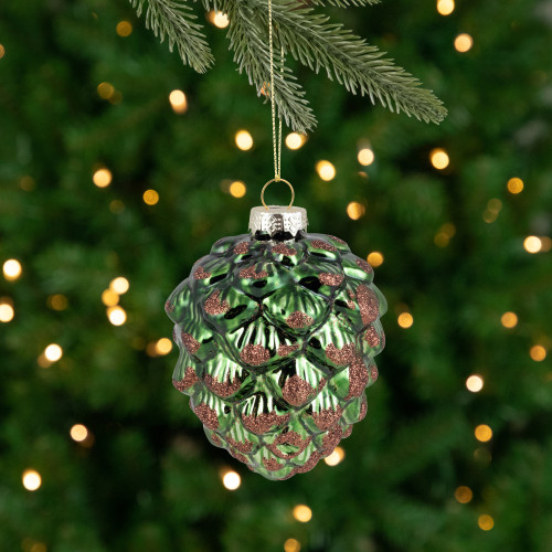 Pine Cone with Glitter Glass Christmas Ornament - 4.5" - Green and Brown