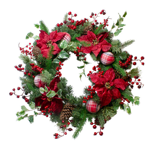 Poinsettias and Red Berries Artificial Christmas Wreath - 30-Inch, Unlit