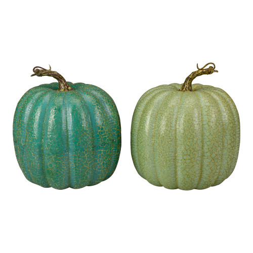 Set of 2 Green Glittered Fall Harvest Tabletop Pumpkins 7"