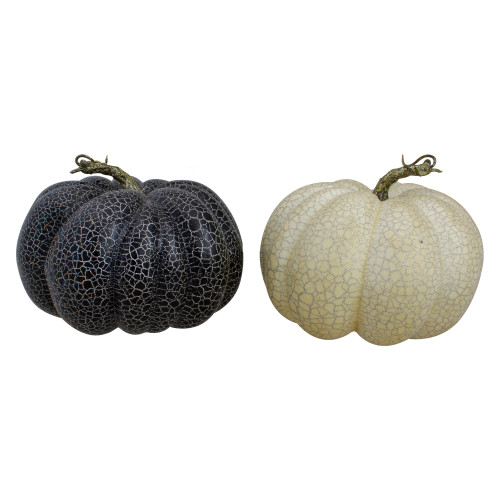Set of 2 White and Black Fall Harvest Tabletop Pumpkins 7"