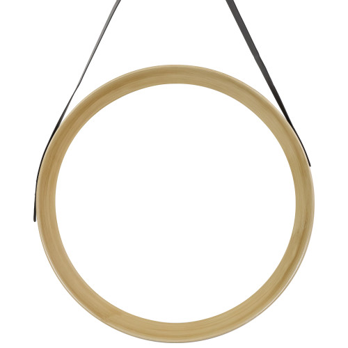 20" Wooden Finish Round Wall Mirror with Black Hanging Strap