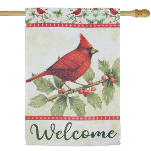 Cardinal on Holly and Berry Branch "Welcome" Christmas Outdoor House Flag - 28" x 40"