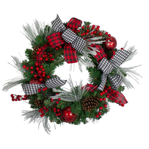 Plaid and Houndstooth and Red Berries Artificial Christmas Wreath - 24-Inch, Unlit
