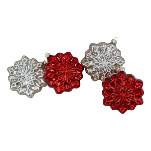 Glass Snowflake Christmas Ornaments - 3.75-Inch (100mm) - Red and Silver - 4ct