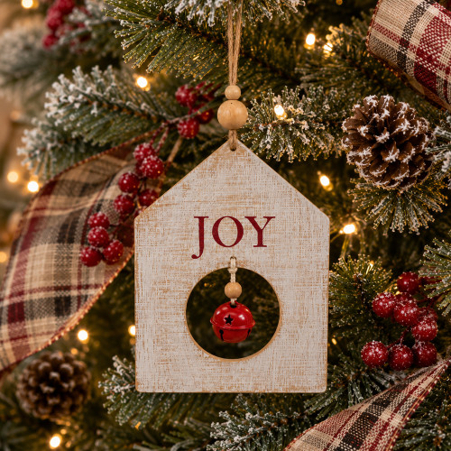 Rustic Wooden "JOY" with Bell Christmas Tag Ornament - 8" - Red and White