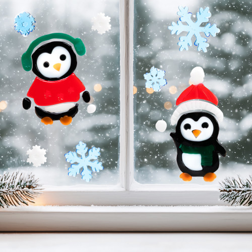 8-Piece Penguin and Snowflake Gel Christmas Window Clings