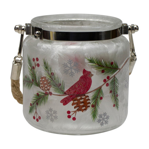 4" Hand Painted Christmas Cardinal and Pine Flameless Glass Christmas Candle Holder