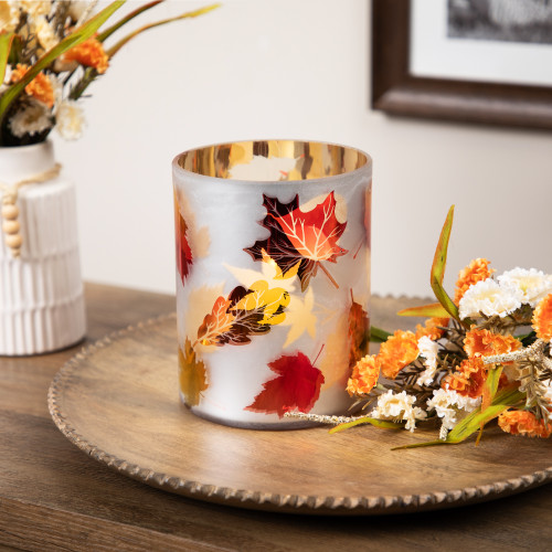 Autumn Leaves Etched Glass Fall Harvest Votive Candle Holder - 6"
