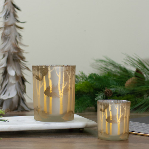 Birch Leaves Frosted Glass Votive Candle Holder - 5" - Matte Gold and White