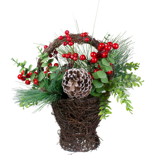 15" Eucalyptus Pine and Berry Artificial Christmas Grapevine Basket