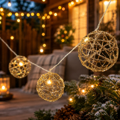LED Glittered Wire Spheres Christmas Lights - Warm White - 7' Clear Wire - 10ct