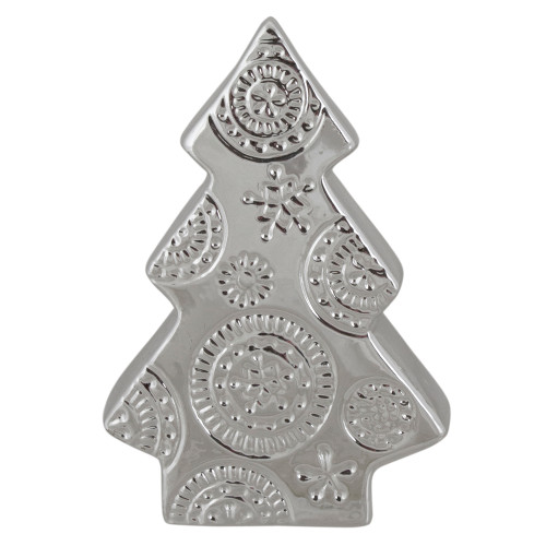 6.5" Metallic Silver Ceramic Christmas Tree with Snowflakes Decoration