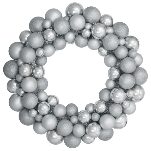 3-Finish Shatterproof Ball Christmas Wreath -  24" - Silver - Unlit