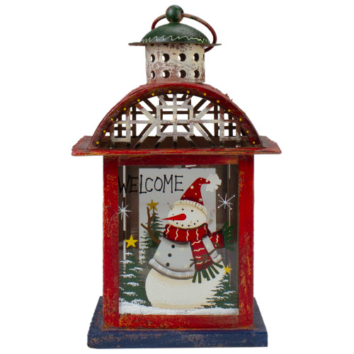 Red, White and Gray Snowman "WELCOME" Christmas Lantern 9.75"