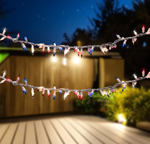 Mini Patriotic Garland Lights - Red, Clear and Blue  - 5.5' - White Wire - 105ct