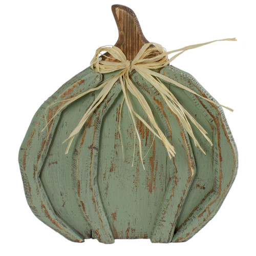 12" Green Weathered Fall Harvest Wooden Pumpkin Table Decoration