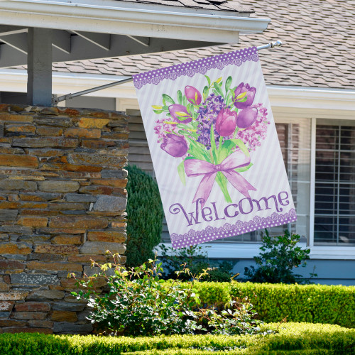 Welcome Purple Floral Bouquet Outdoor House Flag 28" x 40"