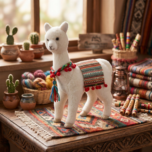 Plush Bohemian Standing Llama Christmas Figure with Pom Pom Saddle - 14"