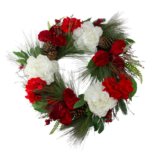 Peony and Amaryllis Artificial Floral Twig Wreath - Red - 24"