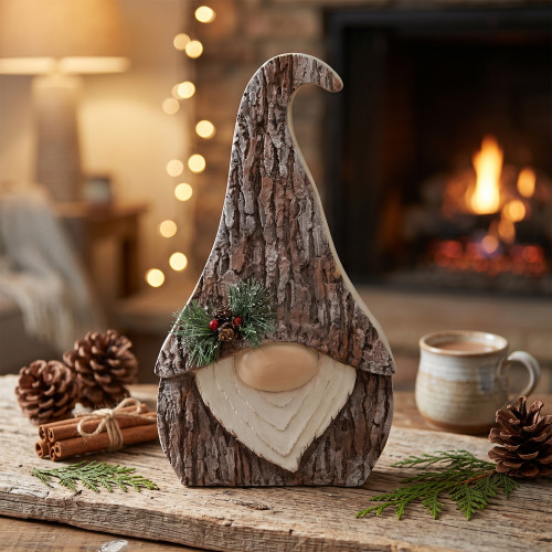Faux Tree Bark Gnome with Holly Berry Christmas Figure - 16" - Brown and White