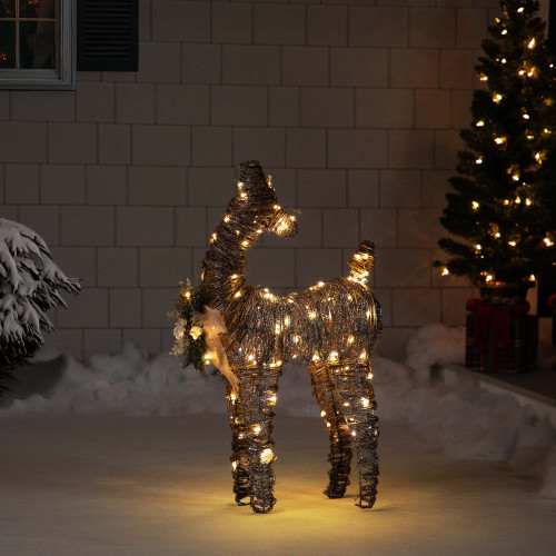 Lighted 3D Standing Glittered Rattan Reindeer Outdoor Christmas Decoration - 32" - Clear Lights