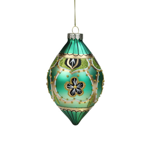 5.5" Green and Gold Floral Beaded Glass Christmas Finial Ornament