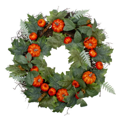 Maple and Fern Leaves with Pumpkins Artificial Wreath, Orange 24-Inch