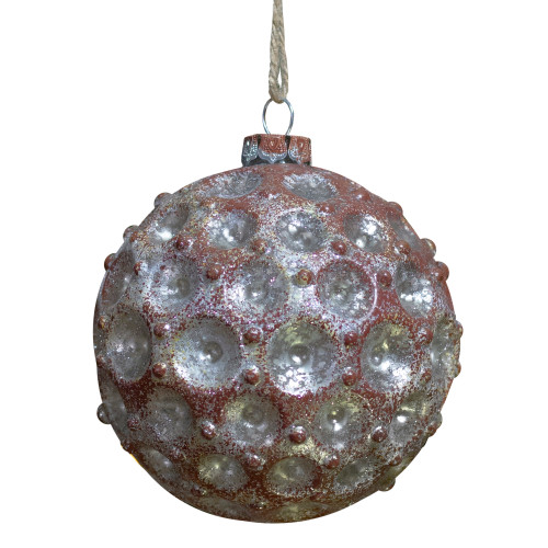 Textured Glass Christmas Ball Ornament - 3.5" (88mm) - Silver and Brick Ref