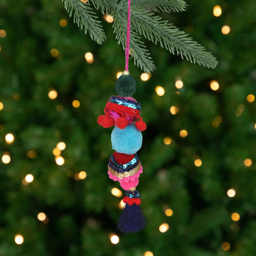 6.25" Blue and Red Bohemian Christmas Pom Pom Ornament