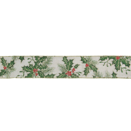 Ivory and Green Holly Leaves Christmas Wired Craft Ribbon 2.5" x 16 Yards