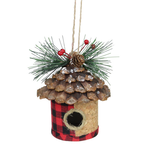 5" Red and Black Plaid Bird House Hanging Christmas Ornament