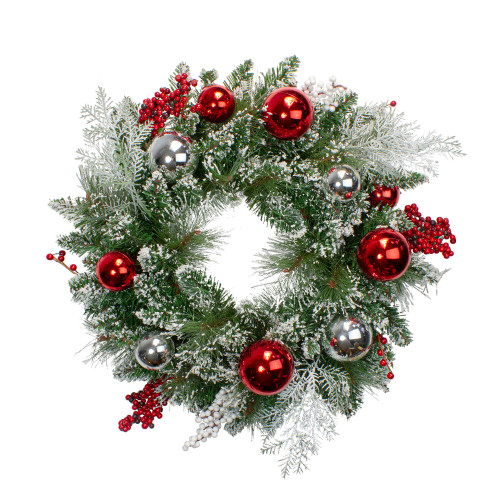 Flocked Mixed Pine with Ornaments Artificial Christmas Wreath - 24" - Unlit