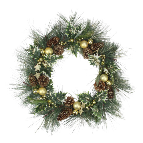 Long Needle Pine with Winter Foliage and Stars Christmas Wreath - 20-Inch, Unlit