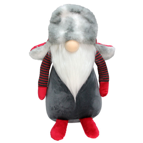 Gnome with Fur Trapper Hat and Striped Arms Christmas Figure - 14" - Grey and Red