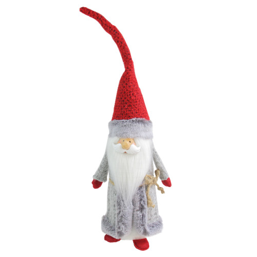 Santa Gnome with Tall Crochet Hat Christmas Decoration - 18.75" - Gray and Red