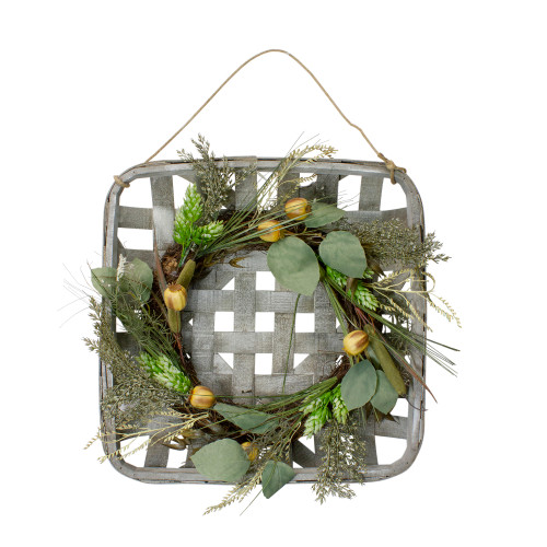 Small Fall Harvest Hops and Cattail Grapevine Wreath in Wood Basket - 16"