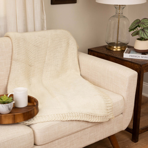 Thick Knitted with Carrying Band Plush Throw Blanket - 60" x 60" - Cream