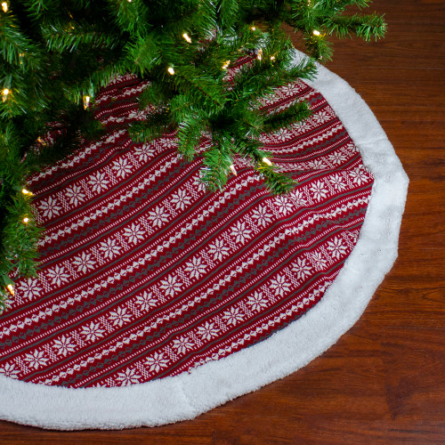 48" Red and White Knitted Snowflake Lodge Christmas Tree Skirt