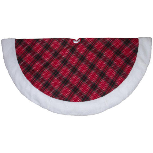 60" Red and Green Plaid Christmas Tree Skirt With White High Pile Fleece Trim