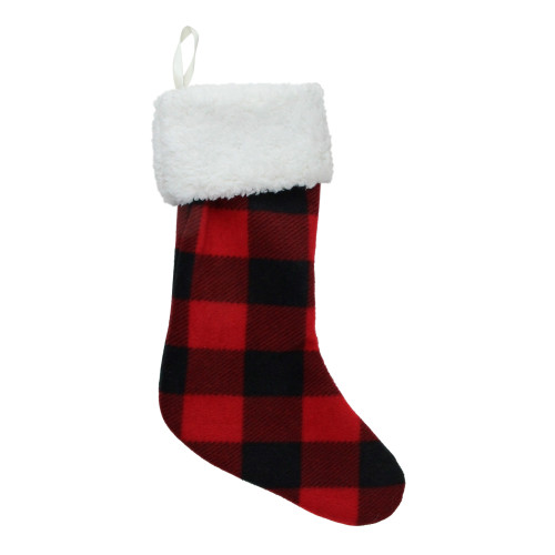 18" Black and Red Buffalo Plaid Christmas Stocking with High Pile Fleece Cuff