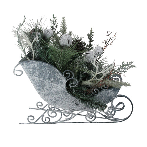 Frosted Christmas Pinecone, Bell and Foliage Filled Sleigh - 9.5"