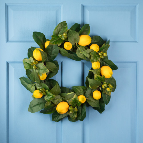 Lemon and Foliage Artificial Wreath, Yellow 22-Inch