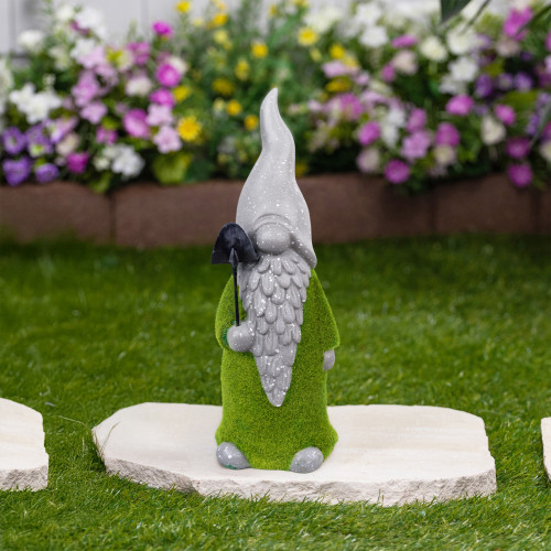 Faux Moss Covered Gnome with Shovel Outdoor Garden Statue - 13.5"