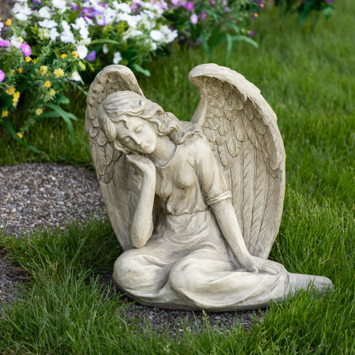 17" Gray Graceful Sitting Angel Outdoor Garden Statue