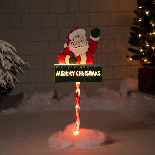 Lighted Santa Claus 'Merry Christmas' Outdoor Lawn Stake Sign - 28" - Clear Lights