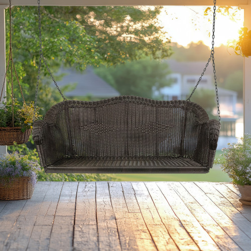Hand Woven Resin Wicker Porch Swing with Chain - Chocolate Brown