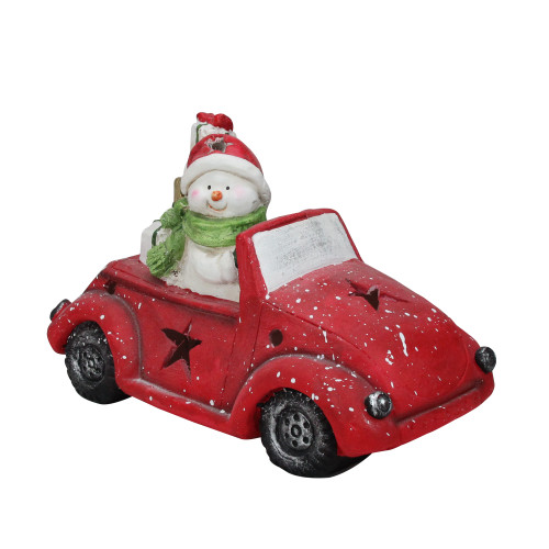 Pre-Lit LED Joyful Snowman Driving a Red Beetle Star Car Tabletop Decor