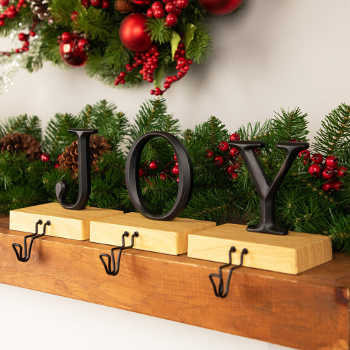 Set of 3 Metal and Wood “JOY" Weighted Christmas Stocking Holder 6“